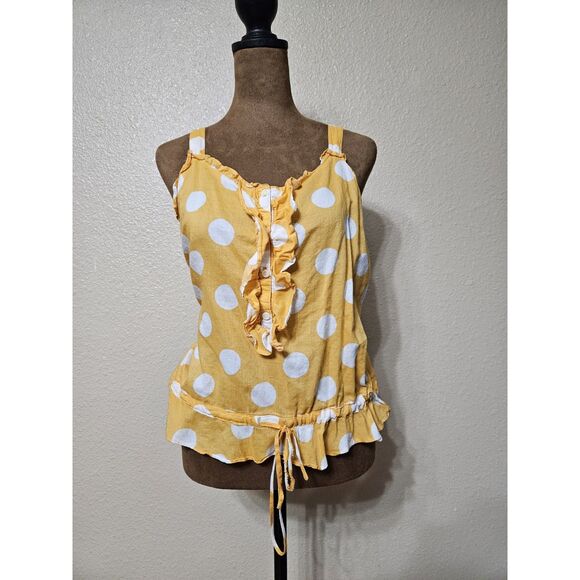 Women’s Yellow Polka Dot Ruffle Tank Top Size S Y2K Retro Drawstring Waist - Picture 1 of 2